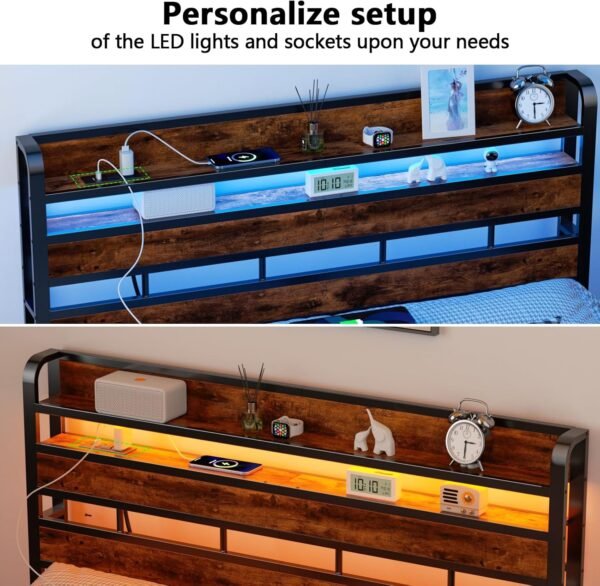 Furnulem Queen Size Headboard Storage 2 Tier Headboard with USB Ports for Dorm LED Light College Headboard Shelf Height Adjustable Modern Style Headboard with Charging Station Rustic Brown - Image 7