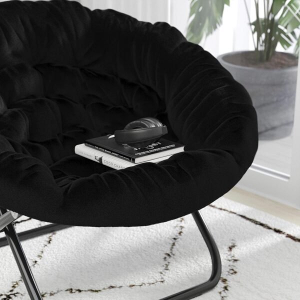 BizChair Oversize Folding Saucer Chair - Black Faux Fur Moon Chair - Black Metal Frame - 38" Portable Folding Chair - for Dorm and Bedroom - Image 3