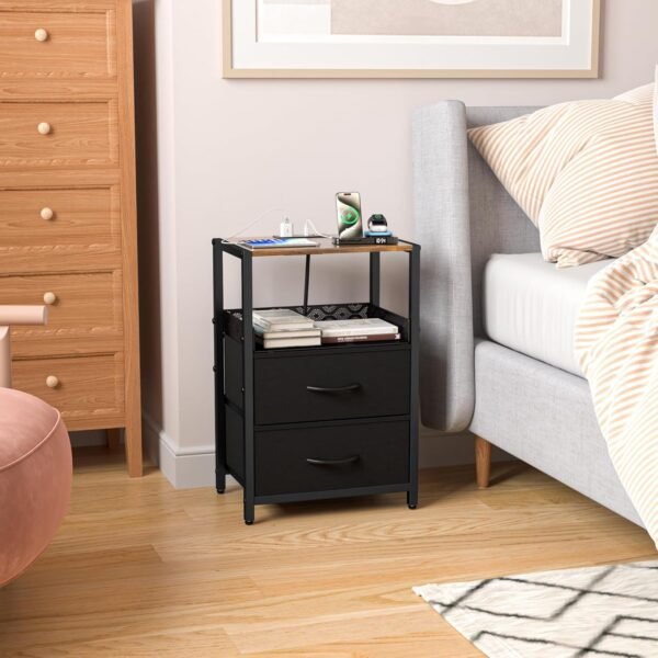 Night Stand with Drawers, Bedside Table with USB Ports and Outlets Chargin Station, 2 Fabric Storage Shelf Nightstand for Small Spaces, Bedroom, Dormitory, Sofa, Living Room, Black - Image 2
