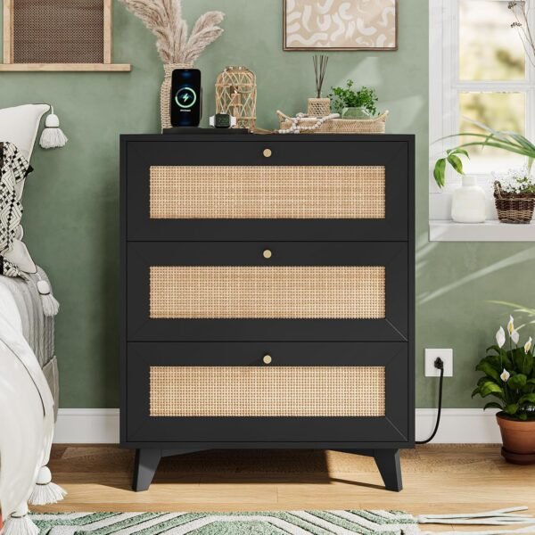 VIAGDO Black Rattan Nightstand Set of 2 with Charging Station, Natural Rattan Night Stand with 3 Large Rattan Decorated Drawers, Boho Bedside Table, End Side Table, 3 Drawer Rattan Dresser for Bedroom - Image 7