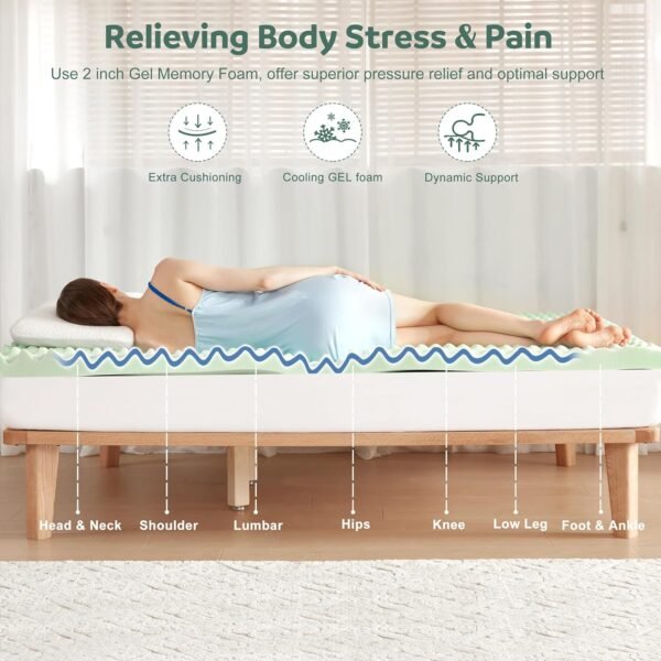 Memory Foam Mattress Topper TwinXL, 4inch Dual Layer Cooling 2''Gel Green Tea Memory Foam & 2" PillowTop Mattress Pad, 8-21inch Deep Pocket, Egg Crate for Back Pain Relief - Image 5