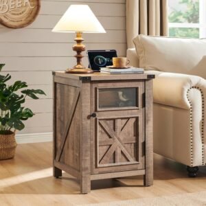 JXQTLINGMU Farmhouse End Table with Charging Station, 18” Rustic Nightstand with Barn Door & Adjustable Shelf, Wooden Sofa Side Table with 3-Tier Storage for Living Room, Bedroom, Light Brown
