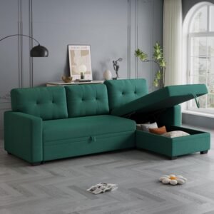 82″ Sectional Sleeper Sofa with Storage Chaise & Pull-Out Bed,L-Shape Convertible 3 Seater Couch W/Tufted Backrest,Reversible Sleeper for Living Room Apartment Office,Green