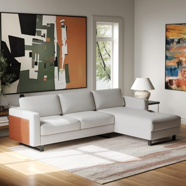 DEINPPA L Shaped Sofa Couch with Charging Port, Convertible Sectional Sofa with Linen Fabric, Modern Couch with Reversible Chaise for Living Room and Small Space, Beige - Image 3