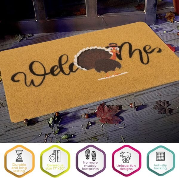Winter Fall Welcome Door Mat for Thanksgiving Day's Outdoor Porch Entrance Hello-Turkey Faux Coir Front Doormats Non-Slip Rugs Farm Indoor Decor 17x29 in - Image 7