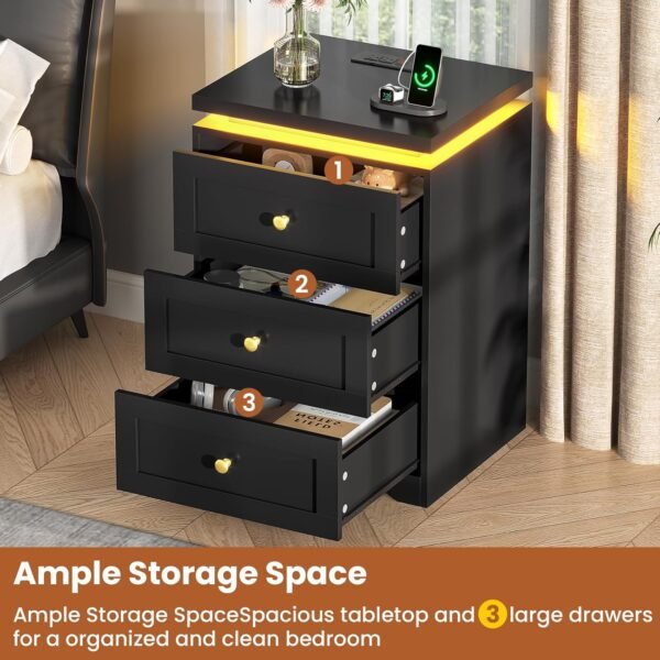 VIAGDO Black Night Stand Set 2 with Charging Station, Nightstand Set of 2 with 3 Storage Drawers, Modern LED Nightstands with Lights, Large Bedside Tables with USB Ports and Outlets for Bedroom, Dorm - Image 4