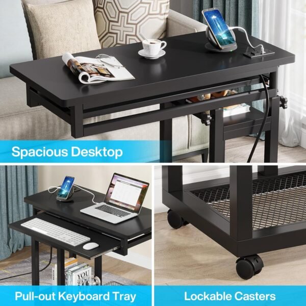 Tribesigns Small Portable Desk with Power Outlet, Height Adjustable Sofa Couch Bedside Laptop Table with Wheels, Mobile Standing Desk Rolling Computer Cart C Side Table with USB Ports - Image 7