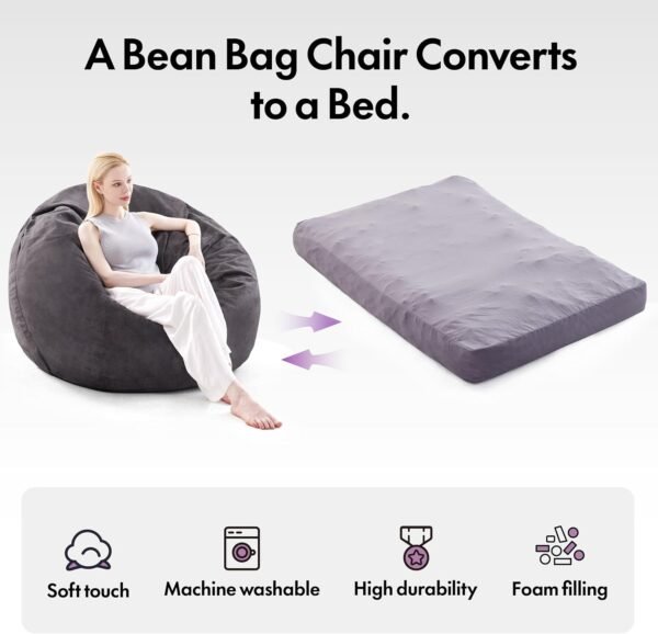 Giant Bean Bag Chair, Large Bean Bag Chairs for Adults, Convertible Bean Bag Bed, Big Beanbag Chair with Microfiber Cover, Huge Bean Bag Couch Sofa Floor Bed Mattress, Foam Filler (Black Queen) - Image 2
