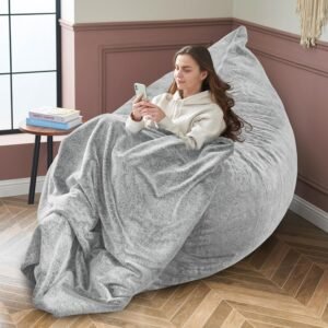 3 in 1 Bean Bag Chair, Giant Bean Bag Chair for Adult, Bean Bag Sofa with Removable Cover and Ultra Soft Blanket, Comfy Chair for Living Room, Bedroom and Dorm (Light Grey)