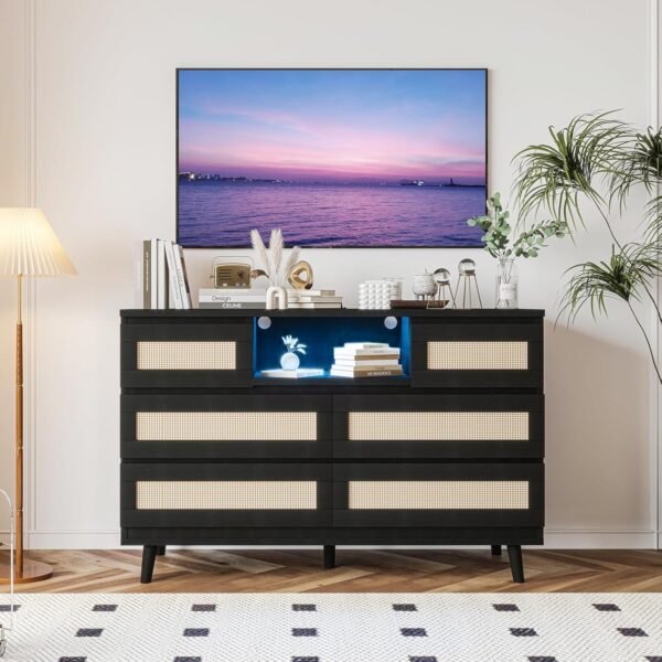 Rattan Dresser for Bedroom with Led Light and Charging Station, 6 Drawer Double Dressers, Modern Wooden Dresser Chest, Beside Table for Closet, Nursery, Living Room,Black - Image 7