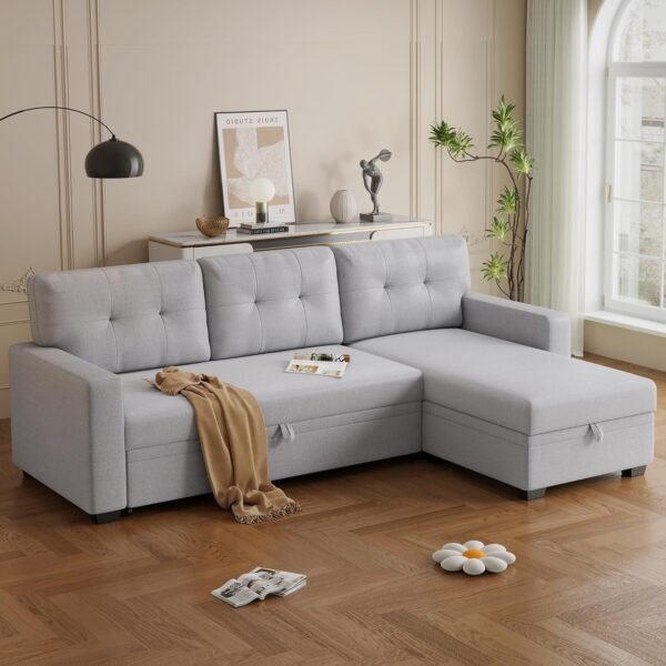 Linen Upholstered Pull Out Sectional Sofa with Storage Chaise,Couch W/ Removable Back Cushions,Can Be Converted Into a Twin Size Sleeper,for Living Room,Apartment,Office,Light Gray - Image 3