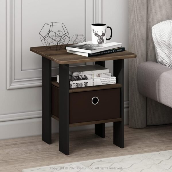 Furinno Andrey End Table / Side Table / Night Stand / Bedside Table with Bin Drawer, Columbia Walnut/Dark Brown,1-Pack, Center Bin - Image 2