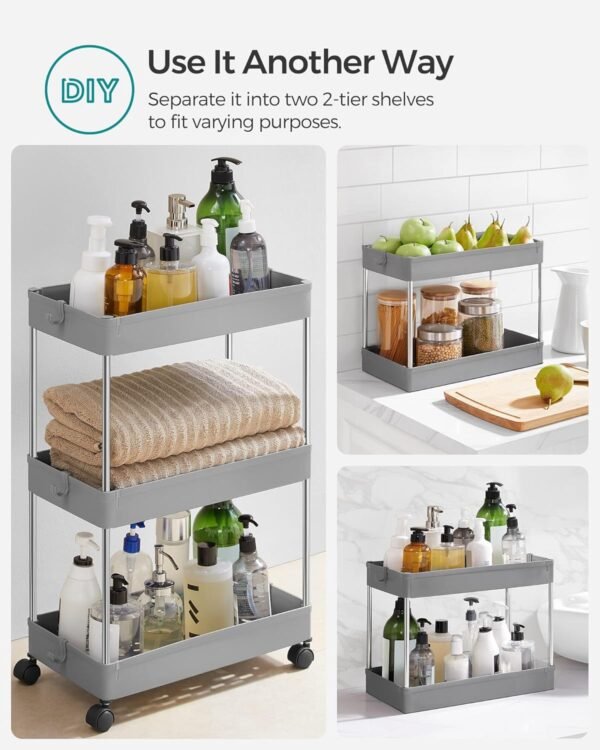 SONGMICS Slim Storage Cart, 3-Tier Rolling Cart, Narrow Utility Cart on Wheels, 6 Hooks, 360° Swivel Wheels, Lockable, Steel Frame, Bathroom, Kitchen, Office, Dove Gray UKSC009G01 - Image 3