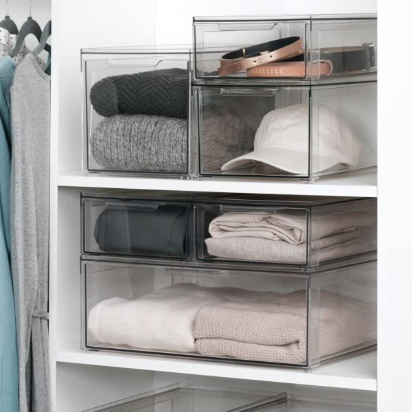 mDesign Plastic Closet Organizer Bin w/Pull Out Drawer - Stackable Storage for Closet - Organization for Shoes, Clothes, Bags, Totes, Small Linens, and More - Lumiere Collection - 4 Pack - Clear - Image 2