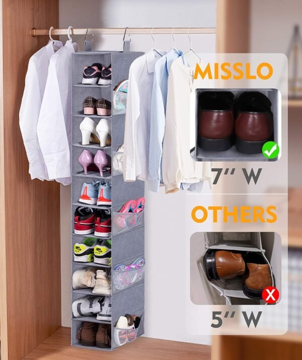 MISSLO 30 Large Pockets Dual Sided Hanging Shoe Organizer for Closet with Rotating Hanger and 10-Shelf Hanging Shoe Rack with Mesh Pockets for Shoes, Folded Clothes and Toys, Grey - Image 6