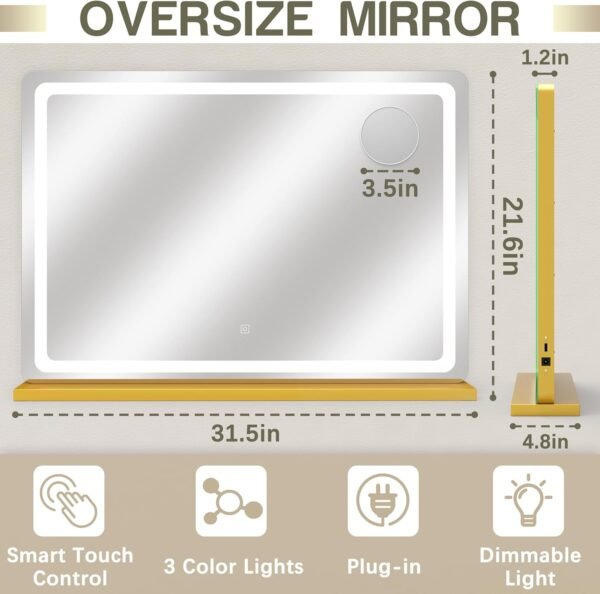 Gold Vanity Mirror with Lights, 32" x 22" Large Lighted Vanity Mirror with Dimmable 3 Modes, LED Makeup Mirror, 10X Magnification, USB Charging Port, Tabletop or Wall-Mounted - Image 3