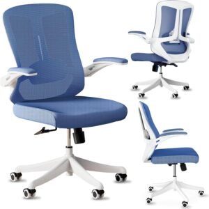 Ergonomic Office Chair with Wheels, Desk Chairs with Flip-Up Arms and Lumbar Support, Computer Mesh Office Chairs with Tilt Function, Desk Chair Comfy for Study and Work, Blue