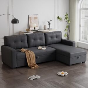 82″ L-Shape Convertible Sleeper Sectional Sofa with Storage Chaise and Pull-Out Bed,Modular Corner Couch Lounge,w/Removable 3 Back Cushions & Armrest,for Home Furniture,Dark Gray