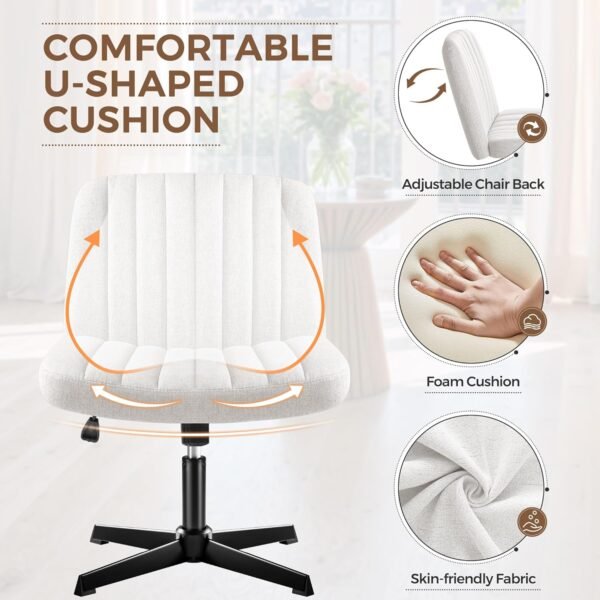 Shahoo Criss Cross Legged Chair, Armless Swivel Wide Padded Height Adjustable Fabric Home Office, Beige - Image 6