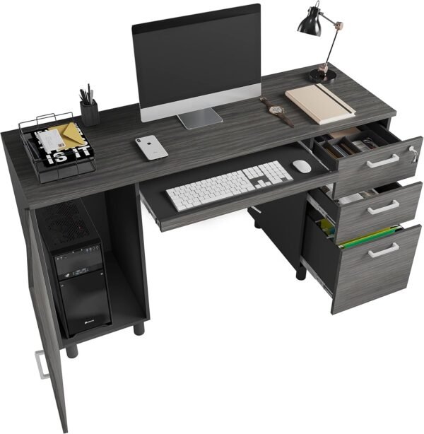 Modern Design By Crafts & comfort Venice Computer Desk - Office Desk with 3 Drawers & CPU Storage Cabinet - Laptop Workstation with Keyboard Tray & Cable Hole - Home & Office Supplies -Slate/Black - Image 8
