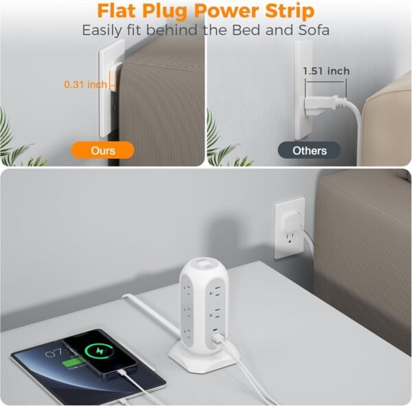Tower Power Strip Flat Plug with 11 Outlets 3 USB (1 USB C), TESSAN Surge Protector Tower 1625W/13A,1050J Protection, 6 Feet Extension Cord with Multiple Outlets, Office Desk Supplies, Dorm Essentials - Image 2