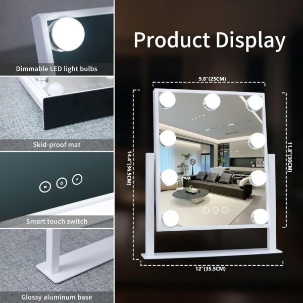 Vanity Mirror with Lights,Lighted Vanity Mirror with 9 Dimmable Bulbs for Dressing Room & Bedroom 3 Color Lighting Modes Detachable 10x Magnification 360°Ratation - Image 5