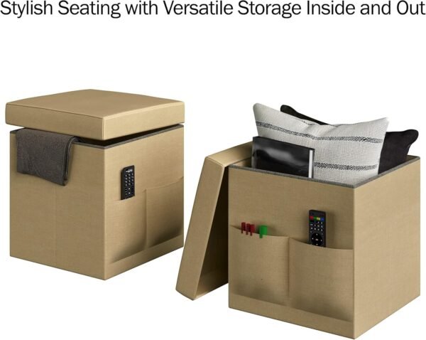 Set of 2 Ottomans with Storage Pockets - 15-Inch Folding Foot Rests or Storage Organizers for Bedroom, Living Room, or Dorm by Lavish Home (Beige) - Image 3