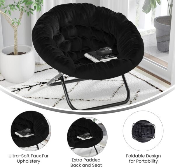 BizChair Oversize Folding Saucer Chair - Black Faux Fur Moon Chair - Black Metal Frame - 38" Portable Folding Chair - for Dorm and Bedroom - Image 4