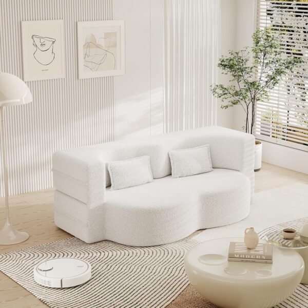 Folding Sofa Bed,15" Full Size Folding Mattress for Living Room,Convertible Teddy Fabric Foam-Filled Pocket Spring Sleeper Sofa Bed (Beige)
