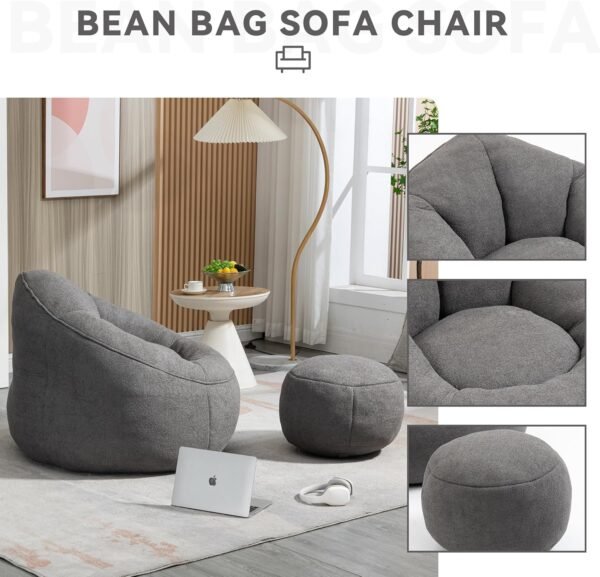 Bean Bag Sofa with Ottoman for Adults, Bean Bag Sofa Chairs with High-Density Foam Modern Lazy Sofa for Living Room Bedroom College Dorm Grey - Image 4