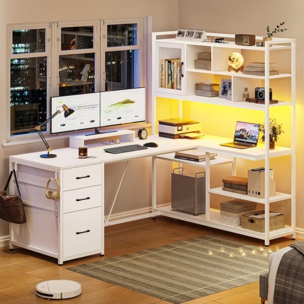 SEDETA L Shaped Computer Desk, 58'' Office Desk with 3 Drawers and Bookshelf, L Shaped Corner Desk with Storage Shelves and LED Light for Home Office, Gaming Desk, L Desk, White - Image 7