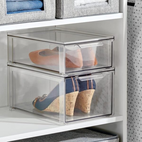 mDesign Plastic Closet Organizer Bin w/Pull Out Drawer - Stackable Storage for Closet - Organization for Shoes, Clothes, Bags, Totes, Small Linens, and More - Lumiere Collection - 4 Pack - Clear - Image 4