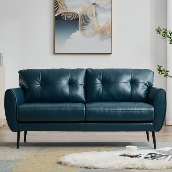 Sofa Couch 61" Small Loveseat Couches for Living Room Blue Leather Couch Mid Century Modern Tufted Mini Sofa Comfy Office 2 Seat Settee Love Seat Small Couches for Small Spaces Bedroom (1, Teal Blue) - Image 3