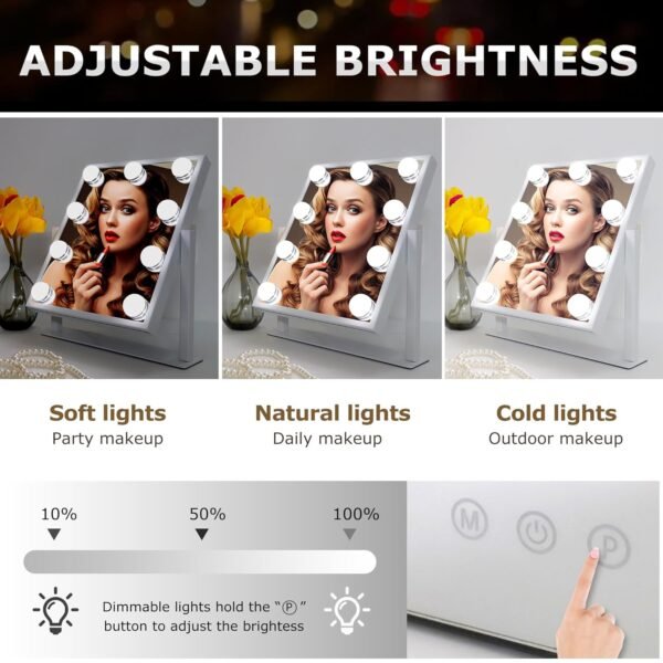 Hollywood Vanity Mirror with Lights, 360°Rotation Tabletop Makeup Mirror with 9 LED Lights Bulbs, Beauty Mirror with 3 Color Lighting Modes, Vanity Mirror for Bedroom, Touch Control, White - Image 2