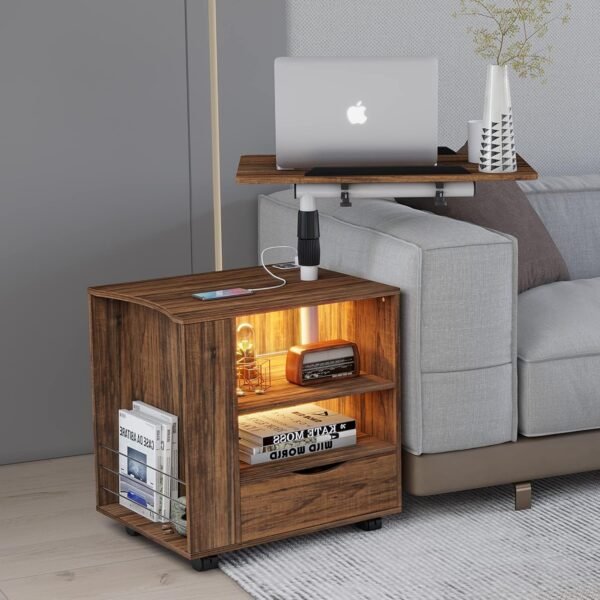 dnbss LED Nightstand with Charger Station, Swivel Top Bedside Table with Wheels, Smart Night Stand with Laptop Table Workstation for Bedroom, Modern End Side Table (Brown) - Image 8