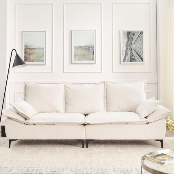 ERYE Modern Sleeper Sailboat Sofa Couch Dutch Velvet 3-Seater Cloud Sofa&Couch with Two Pillows for Apartments Office Studio Small Spaces Living Rooms, 88.5", Beige-005 - Image 3