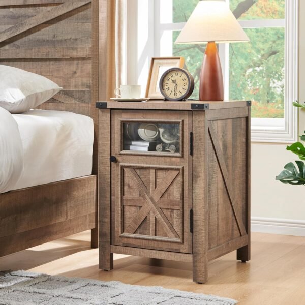 JXQTLINGMU Farmhouse End Table with Charging Station, 18'' Rustic Nightstand with Barn Door & Adjustable Shelf, Wooden Sofa Side Table with 3-Tier Storage for Living Room, Bedroom, Light Brown - Image 6