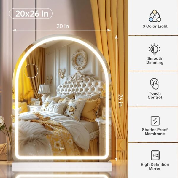 Hasipu Vanity Mirror with Lights and Bluetooth Speaker, 20"×26" Arched LED Makeup Mirror, Lighted Desktop Makeup Mirror with Lights, Smart Touch Control Dimmable 3 Modes Light White - Image 3