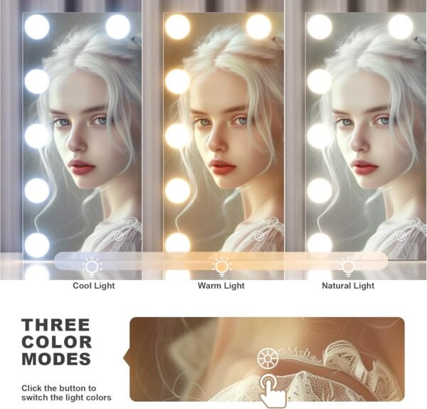 Hasipu Vanity Mirror with Lights, 11" x 14" Hollywood Mirror, Makeup Mirror with 11 Dimmable Bulbs, 3 Colors Modes, Touch Control, 360° Rotation, White - Image 2