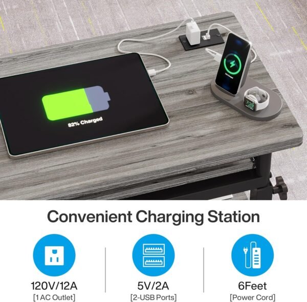 Tribesigns Small Portable Desk with Power Outlet, Height Adjustable Sofa Couch Bedside Laptop Table with Wheels, Mobile Standing Desk Rolling Computer Cart C Side Table with USB Ports - Image 7