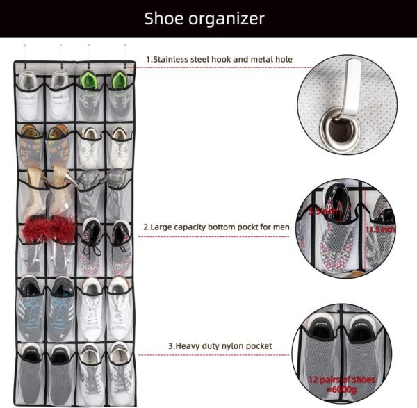 Over The Door Shoe Organizer, Hanging Shoe Organizer with 24 Mesh Large Pockets Door Shoe Rack Organizer for Men Women Kids Hanging Shoe Storage Bag.(White) - Image 4