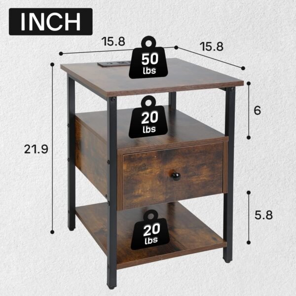 PayLessHere Nightstand End Table Bedside Table with 1 Drawer Bedside Furniture with Charging Station and 2 USB Ports Power Outlets for Living Room Bedroom College Dorm (2, Brown, 15 * 15 * 22) - Image 3
