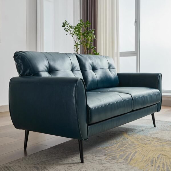 Sofa Couch 61" Small Loveseat Couches for Living Room Blue Leather Couch Mid Century Modern Tufted Mini Sofa Comfy Office 2 Seat Settee Love Seat Small Couches for Small Spaces Bedroom (1, Teal Blue) - Image 4