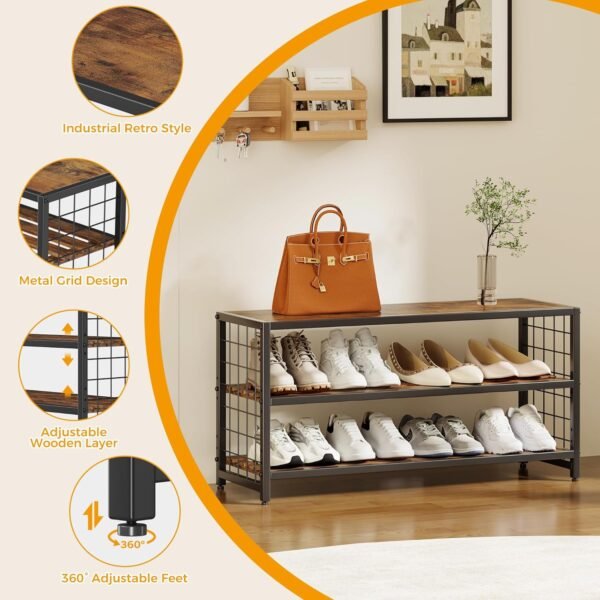Homeiju Shoe Bench, 3-Tier Shoe Rack, Industrial Shoe Organizer Storage Bench, 30" Entry Bench with Wooden Shelves, for Entryway, Living Room, Hallway Front Door, Metal Frame, Rustic Brown - Image 3