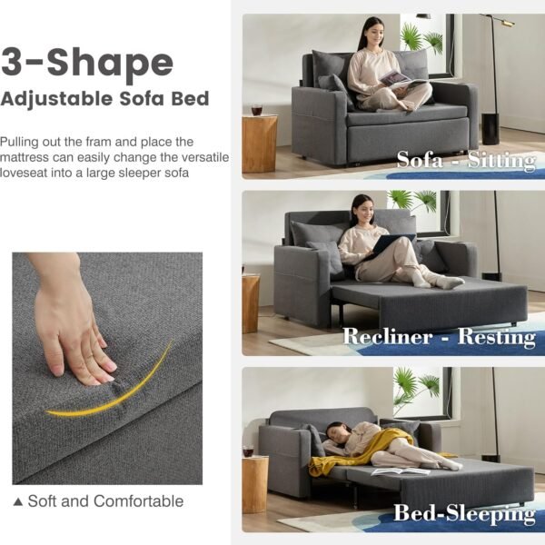 3 in 1 Pull Out Couch, 56 Inch Convertible Sleeper Sofa Bed, Loveseat Sofa with Cup Holders, Storage Pockets, USB, Sofa Couches for Living Room, Bedroom, Apartment, Deep Grey - Image 5