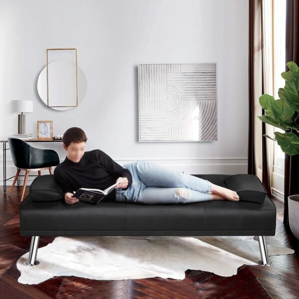Yaheetech Linen Fabric Modern Sofa Bed Futon Couch Bed Folding Recliner Sleeper Reversible Loveseat Convertible Daybed, 2 Cup Holders, 3 Angles, 772lb Capacity, Removable Armrests, Black - Image 4