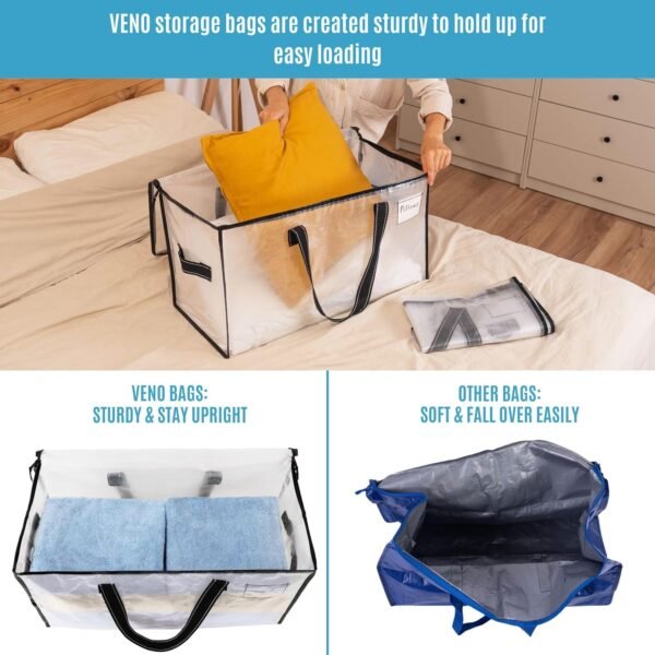 VENO 6 Pack Moving Bags, Comforter and Blanket Storage Bags for Closet, Moving Boxes, Boxes with Lids Alternative, College Dorm Packing Supplies, Foldable Heavy-Duty Tote with Window (Clear, 6 Pack) - Image 3
