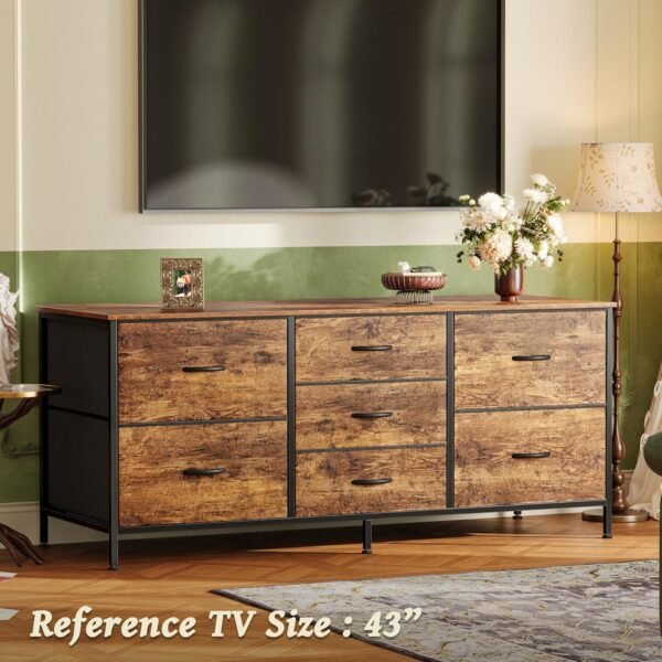 Dresser with 7 Drawers, 47 Inch Dresser TV Stand for 43, 50, 55 Inch TV, Wide Fabric Dresser Chest of Drawers, Metal Frame, Storage Dresser for Bedroom, Nursery, Clothing, Rustic Brown - Image 4