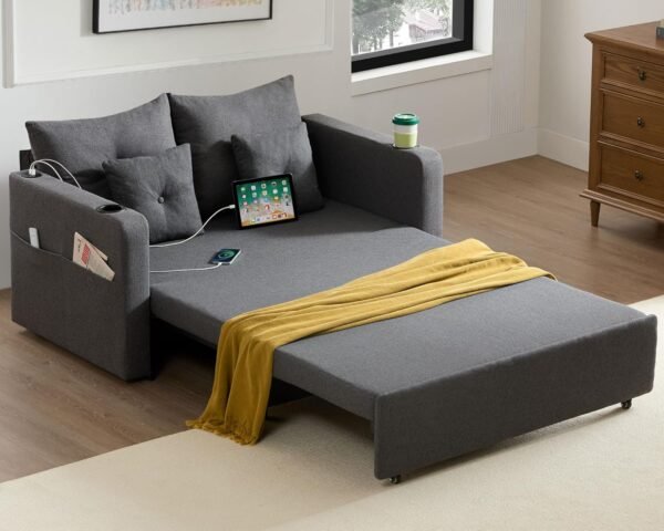 3 in 1 Pull Out Couch, 56 Inch Convertible Sleeper Sofa Bed, Loveseat Sofa with Cup Holders, Storage Pockets, USB, Sofa Couches for Living Room, Bedroom, Apartment, Deep Grey - Image 8