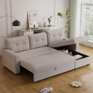 82″ Sectional Small Sofa with Pull Out Bed,L-Shape Upholstered Sleeper Couch W/Storage Chaise,Tufted Backrest Design,3 Seat Linen Convertible Sofas for Living Room Apartment Office,Beige